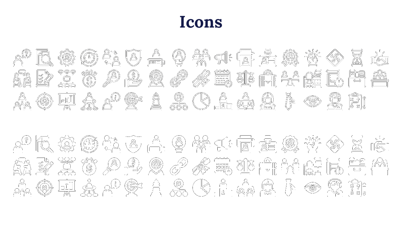 A collection of business related icons, including charts, people, tasks, and strategies in a grid format on a white backdrop.