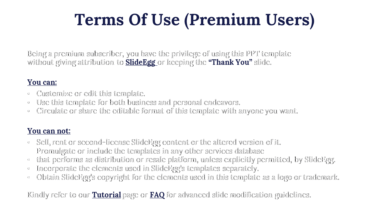 Terms of use for premium users, explaining customization rights, sharing templates, and restrictions on a white backdrop.