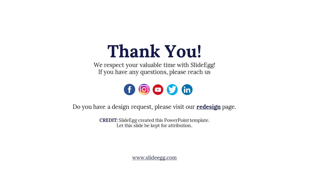 Thank you slide with social media icons, redesign page link, and SlideEgg credit for the template on a white backdrop.