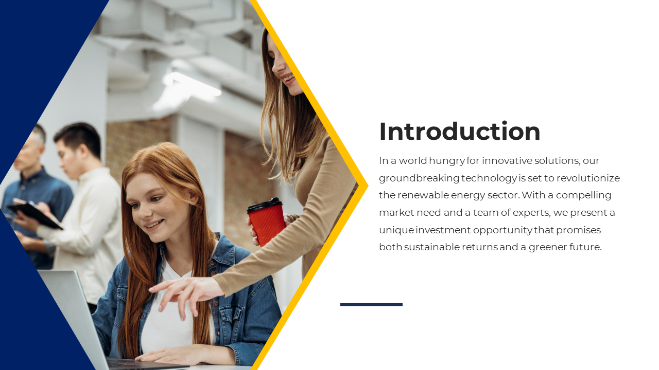 Investor pitch introduction PowerPoint slide with two professionals on a white and blue theme.