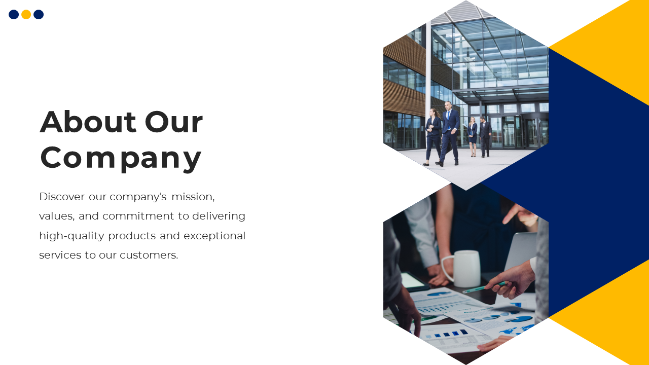 About our company slide featuring a team of professionals walking outside an office and collaborating around a desk.