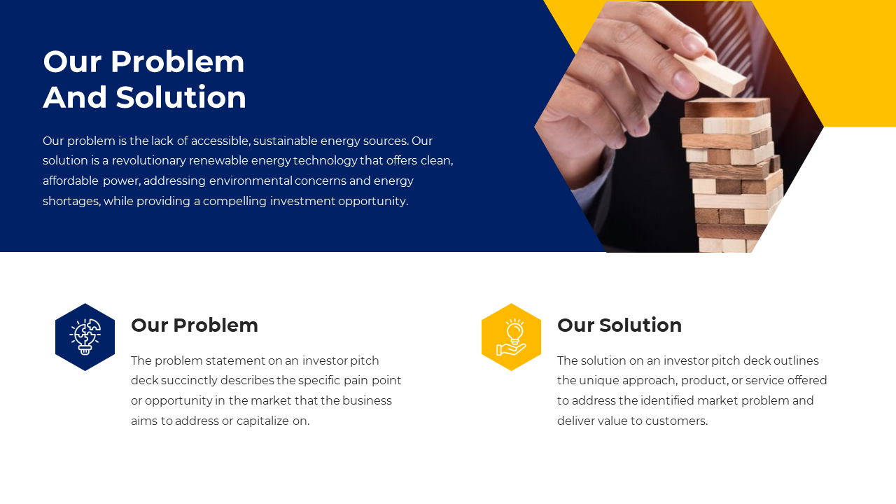 Our problem and solution slide showcases a business person building a tower with wooden blocks on a white and blue theme.