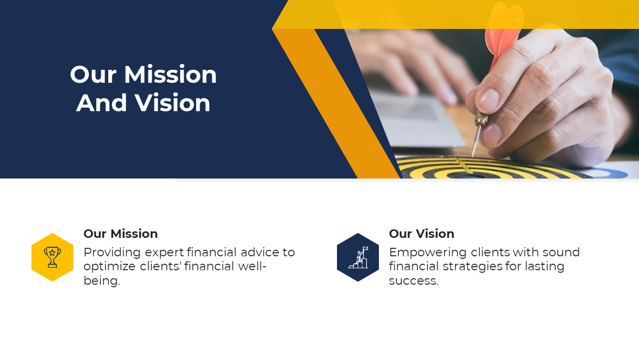 White and blue mission and vision slide showcasing a person aiming a dart at a bullseye, with text and icons.