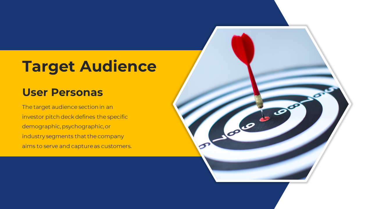 Target audience slide showing a dart hitting the bullseye, with a description of user personas in an investor pitch deck.