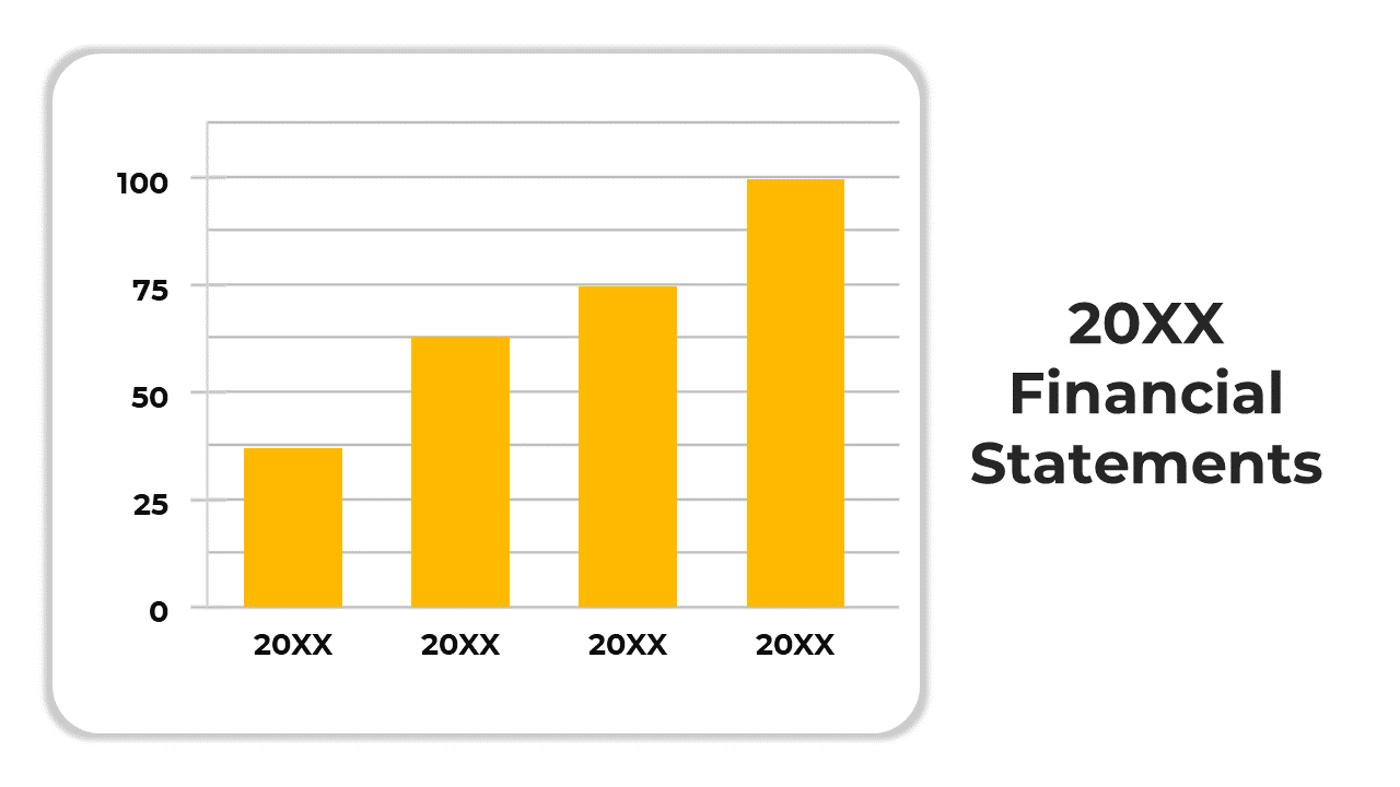 Yellow bar chart slide showing growth in 20XX financial statements, with marked increments over time on a white theme.