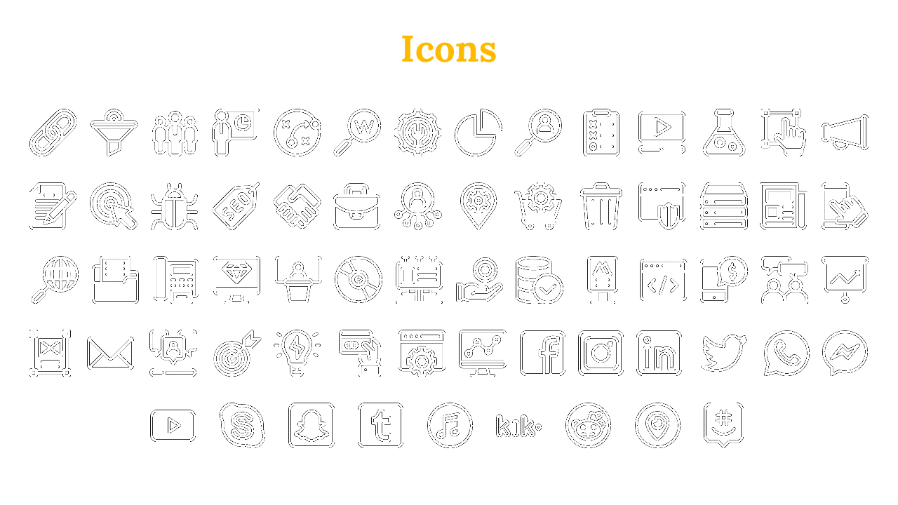 A variety of black and white icons representing social media platforms, business tools, analytics, and website functions.