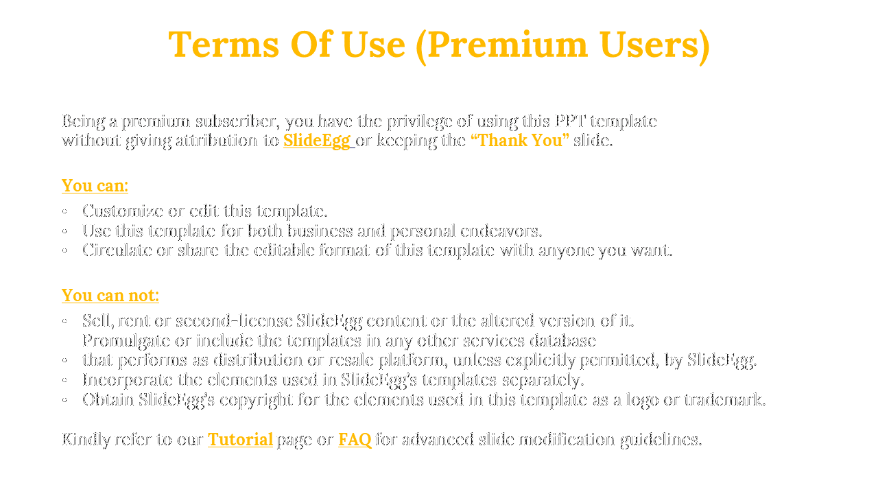 Terms of use for premium users, allowing customization, and editing of the template without attribution on white theme.