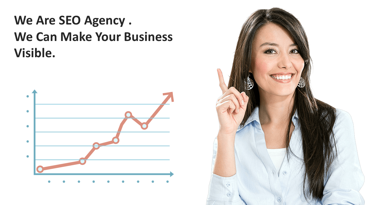 A smiling woman pointing up next to a graph showing business growth, with text about an SEO agency offering visibility.