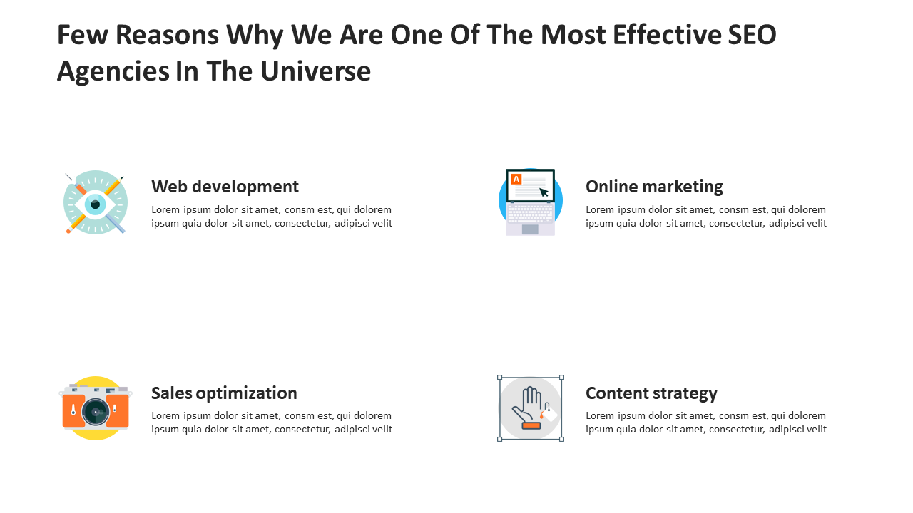 SEO agency services web development, online marketing, sales optimization, and content strategy, represented by icons.
