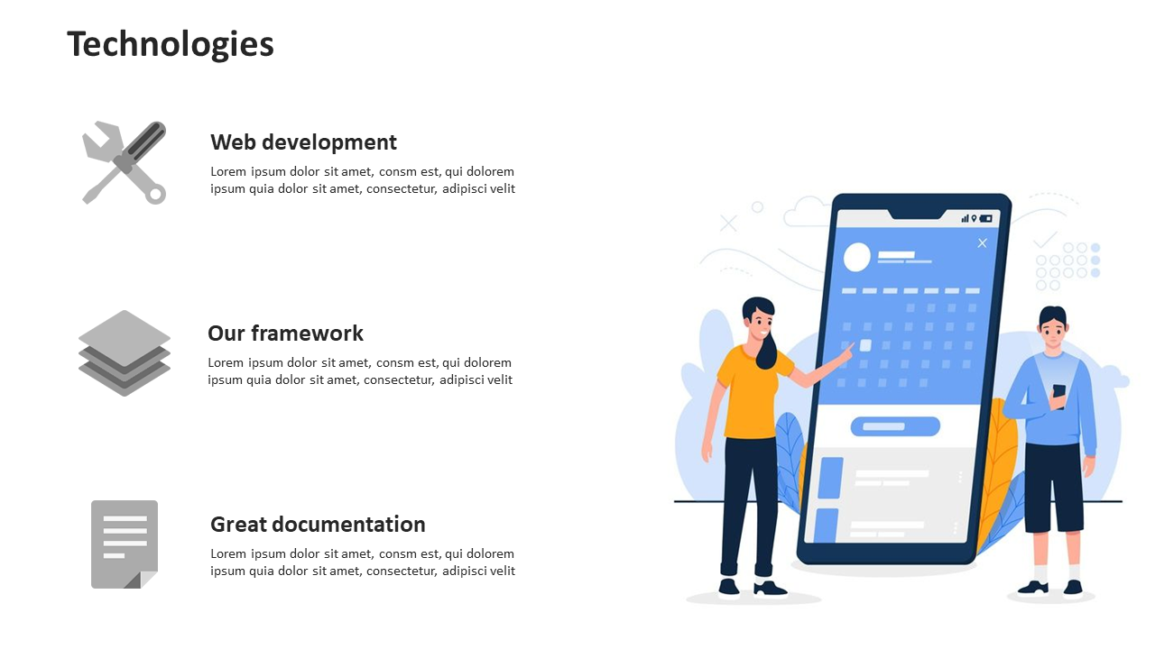 Technologies section showcasing web development, framework, and documentation with corresponding icons and illustrations.