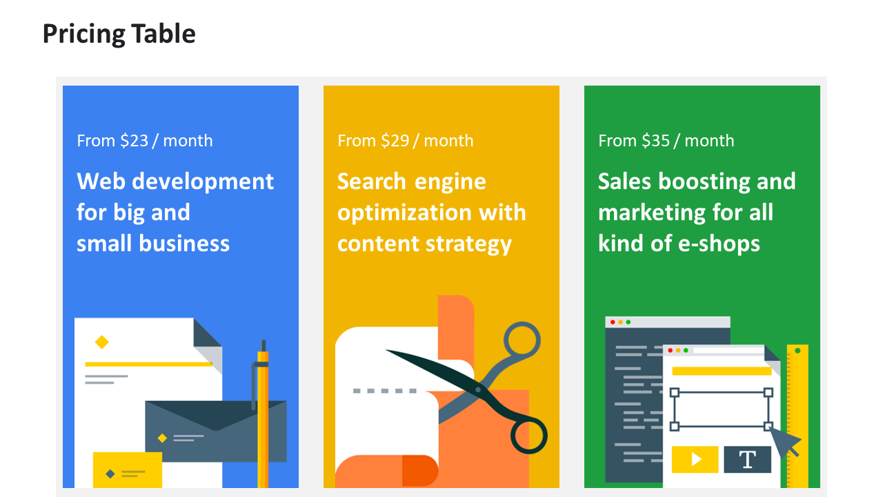 Pricing table offering web development SEO with content strategy and sales boosting services for e shops at different prices.