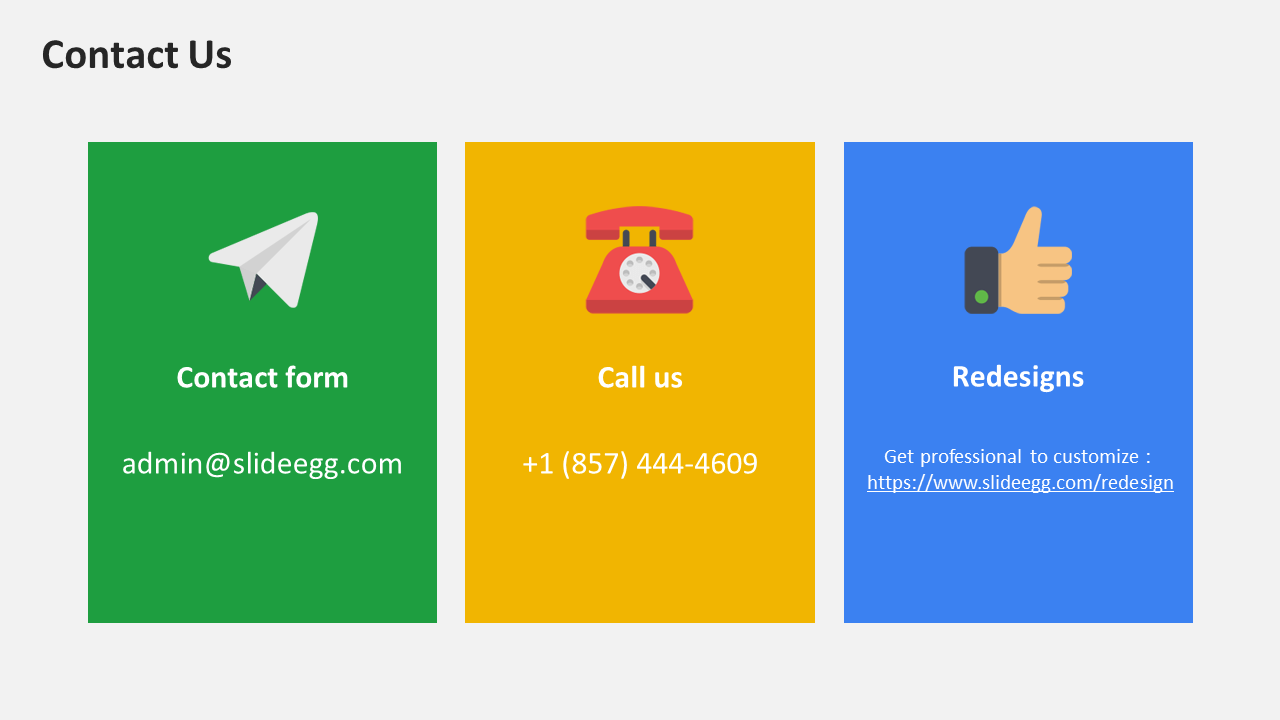 Contact options slide with email, phone number, and a link to get professional redesign services in green, yellow, and blue.