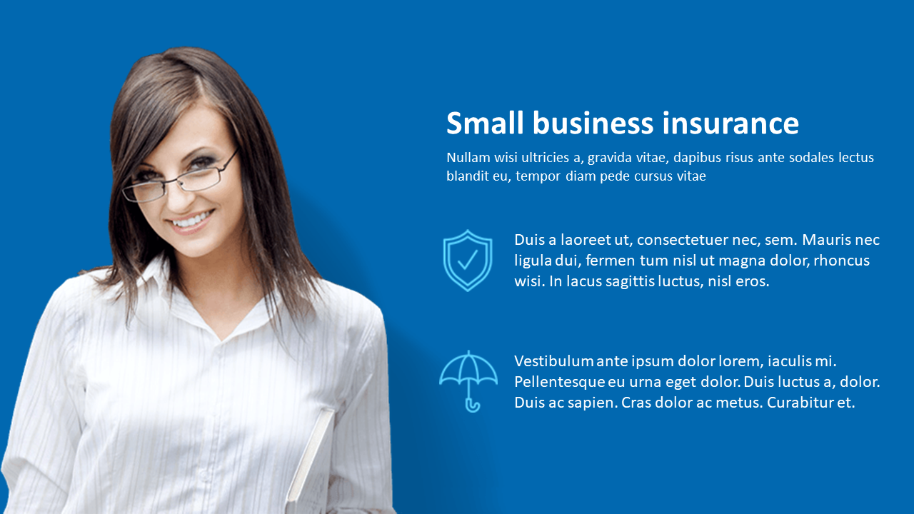 Smiling businesswoman promoting small business insurance with benefits of security and protection on a blue backdrop.