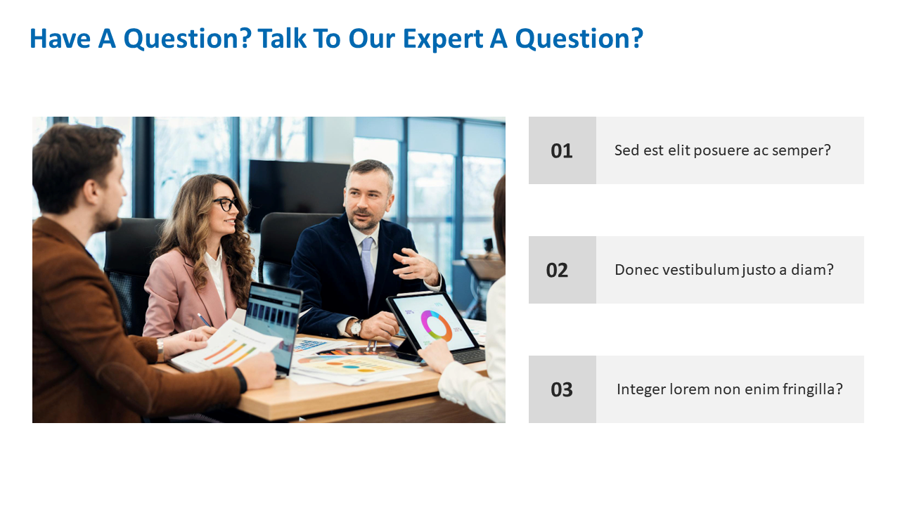 Three professionals in a business meeting, with a question section for expert consultation on a white backdrop.