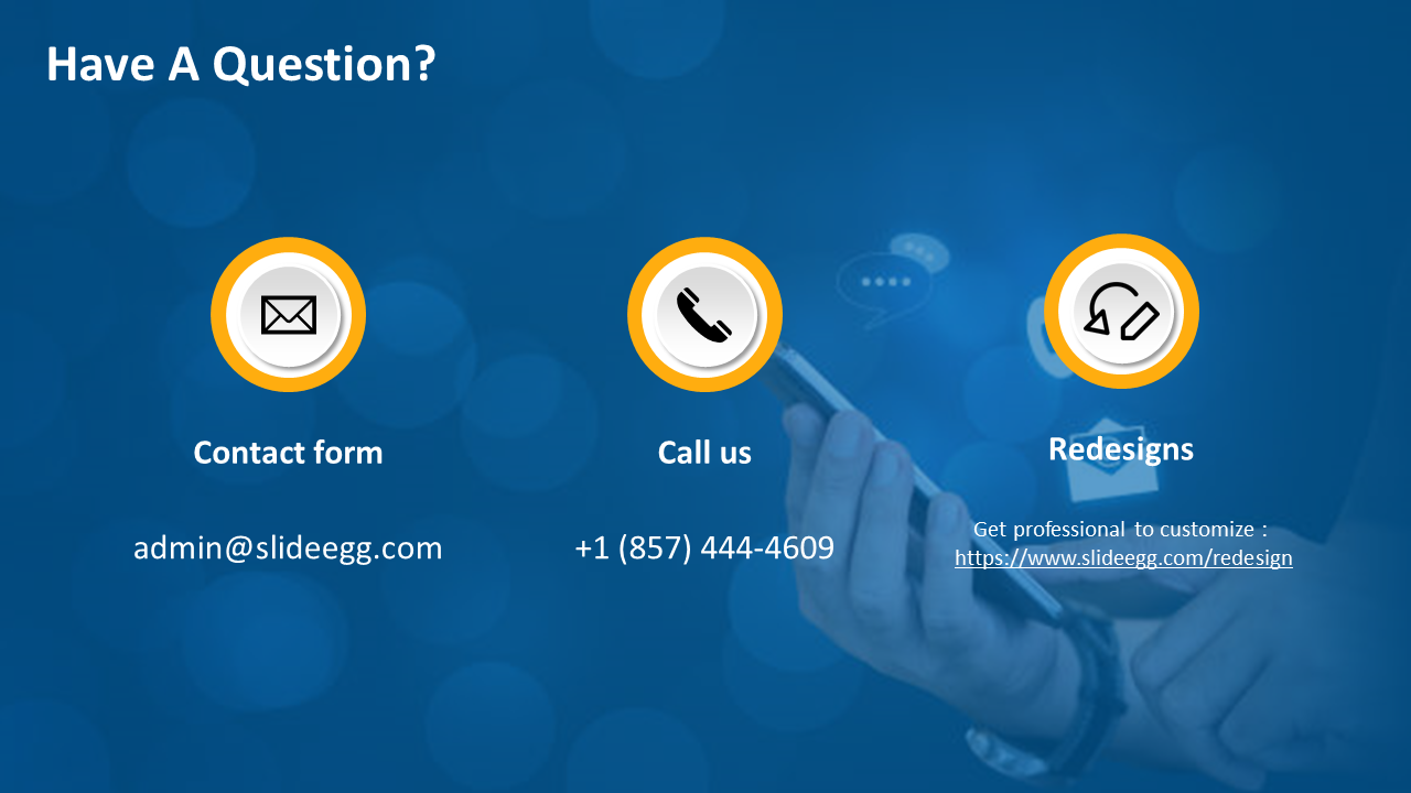 Customer support options with contact form, call number, and redesign service for expert assistance on a blue backdrop.