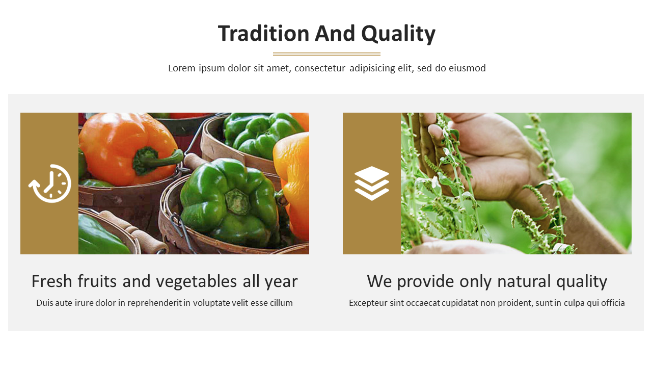A split image of fresh peppers and herbs, with text on quality and freshness for year round produce.