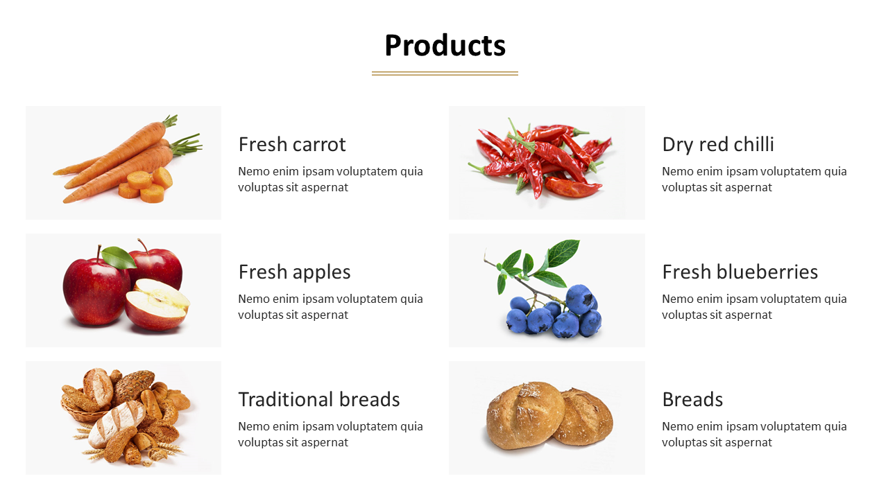 Six product categories fresh carrots, dry red chili, fresh apples, fresh blueberries, traditional breads, and other breads.