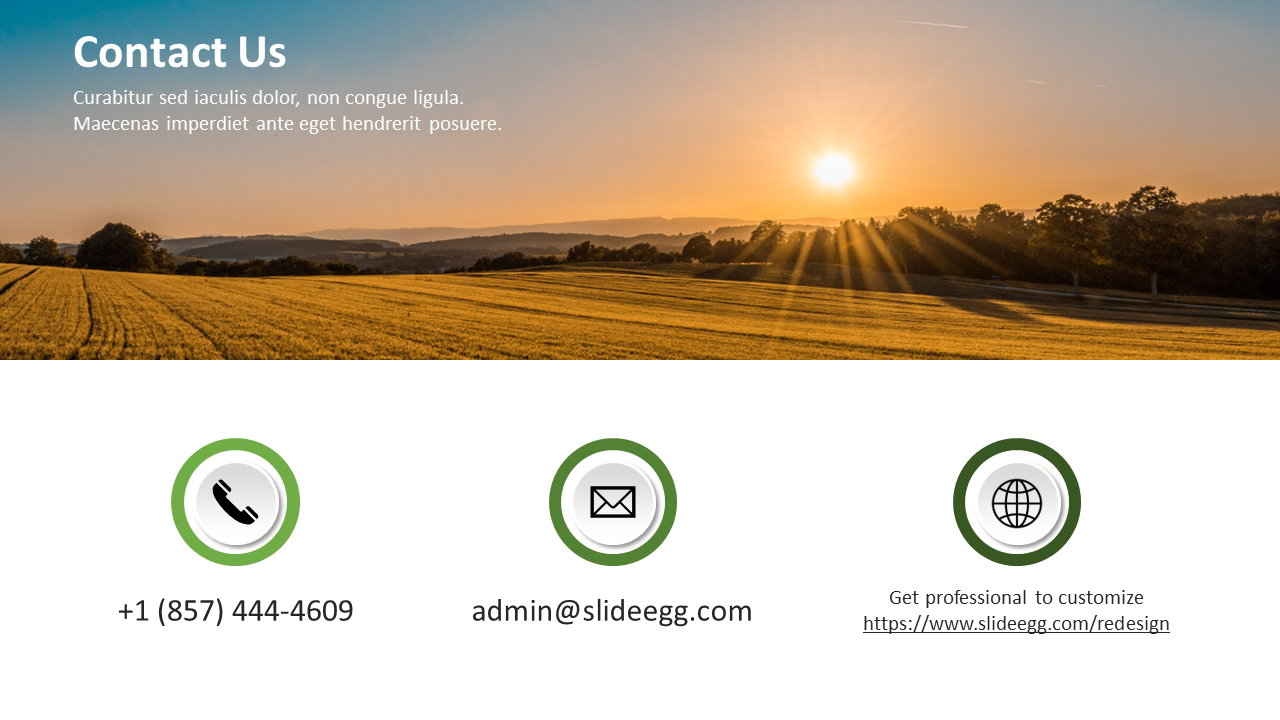 Contact slide with phone number, email address, and website link for professional redesign services with a sunset picture.