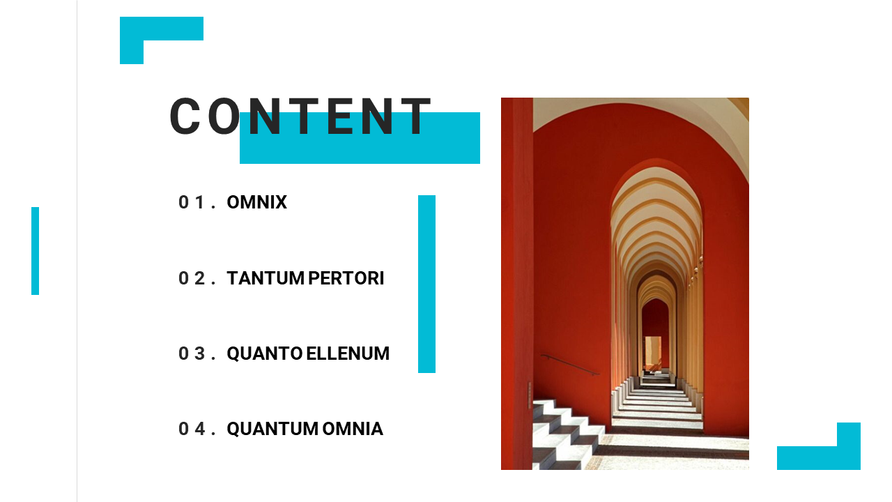 Modern content slide with bold content text, featuring a list of topics and a vibrant red archway as the background.