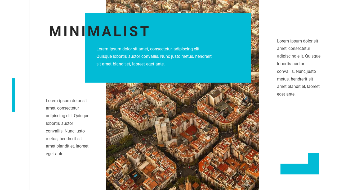 Modern presentation slide titled minimalist with a vibrant city skyline photo and a turquoise background block.