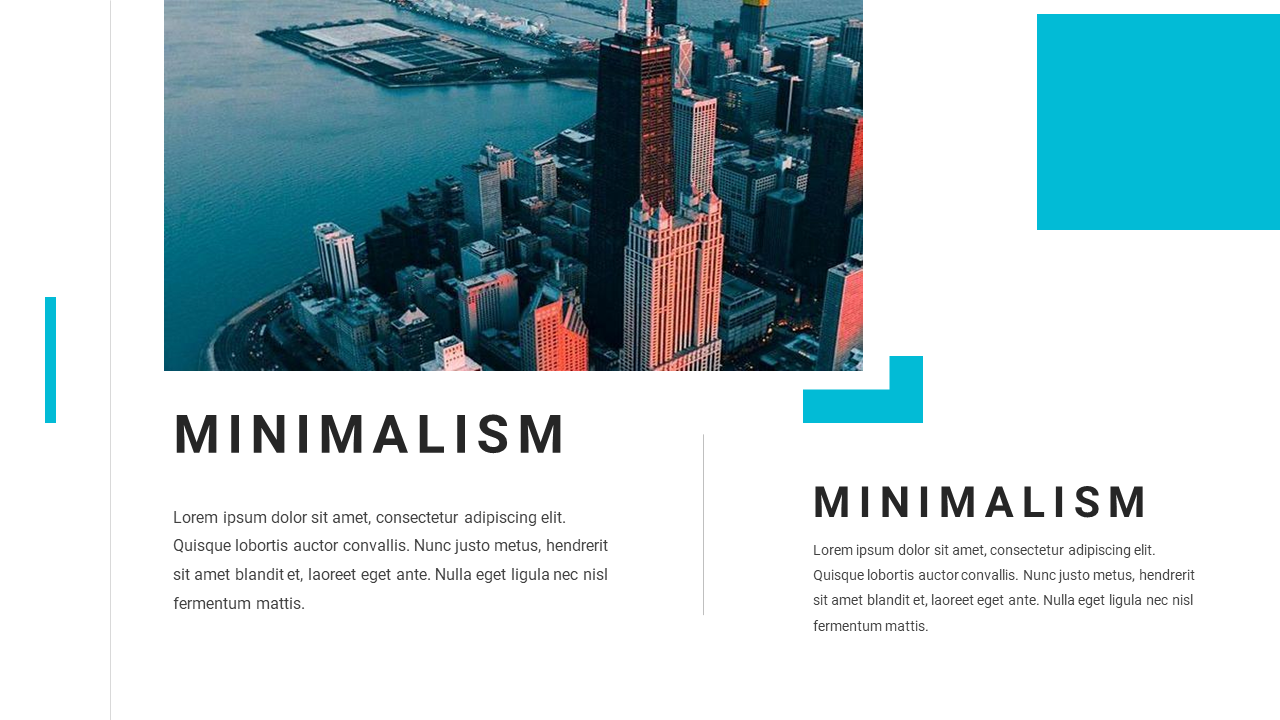 A minimalist slide design with two sections, each featuring text and an aerial view of a city on a white backdrop.