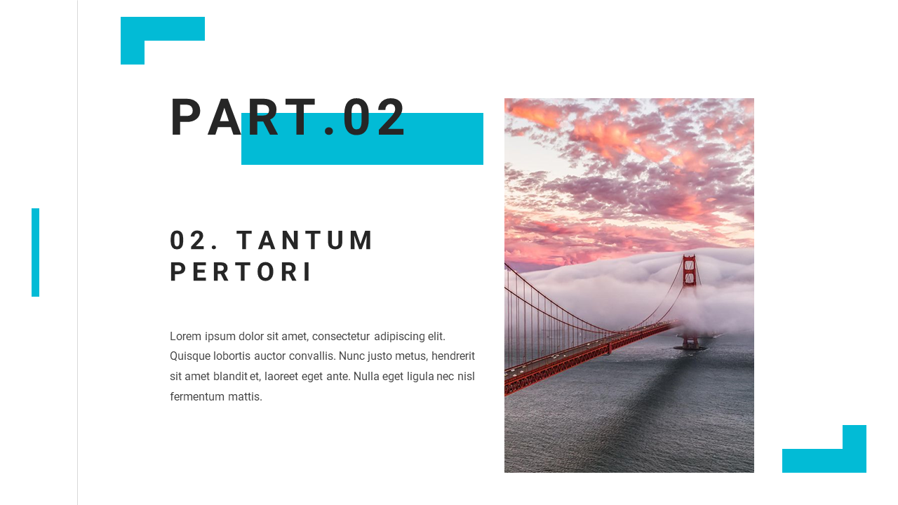 A minimalist slide design with bold part 02 text and an image of the Golden Gate Bridge shrouded in fog during sunset.