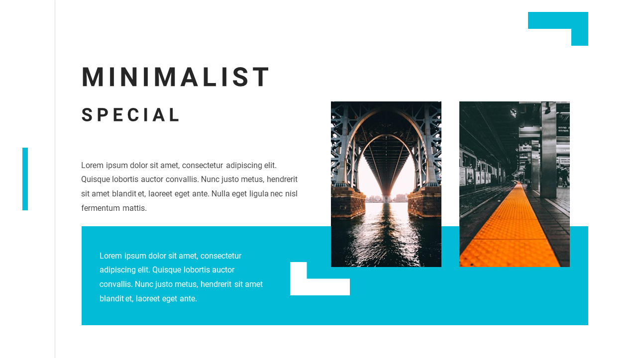 A minimalist slide titled special, showcasing a view of a bridge with orange lighting on a subway platform on a white theme.