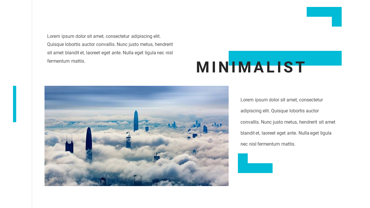 A minimalist slide design featuring a foggy skyline with tall buildings rising above the clouds and the word in bold letters.