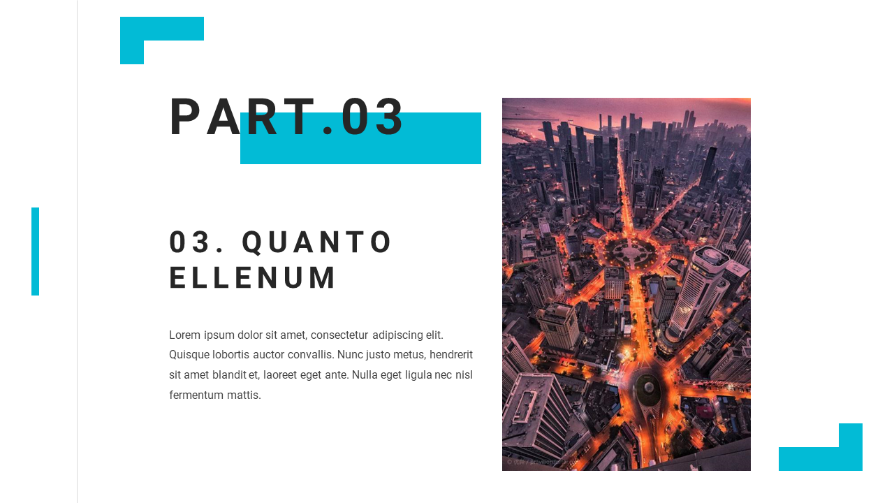 A slide with bold part 3 text on the left, featuring a stunning aerial view of a city illuminated at night on a white backdrop.