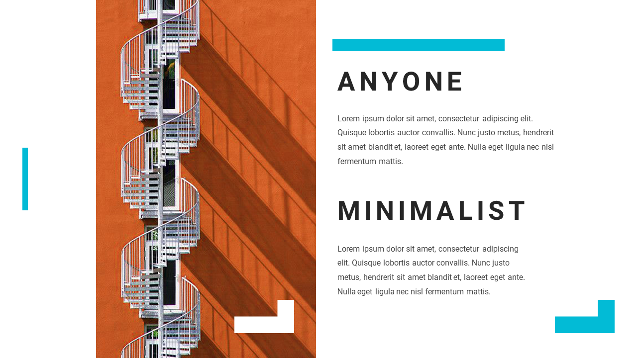 A minimalist presentation slide with a spiral staircase against a vibrant orange wall, paired with bold titles.