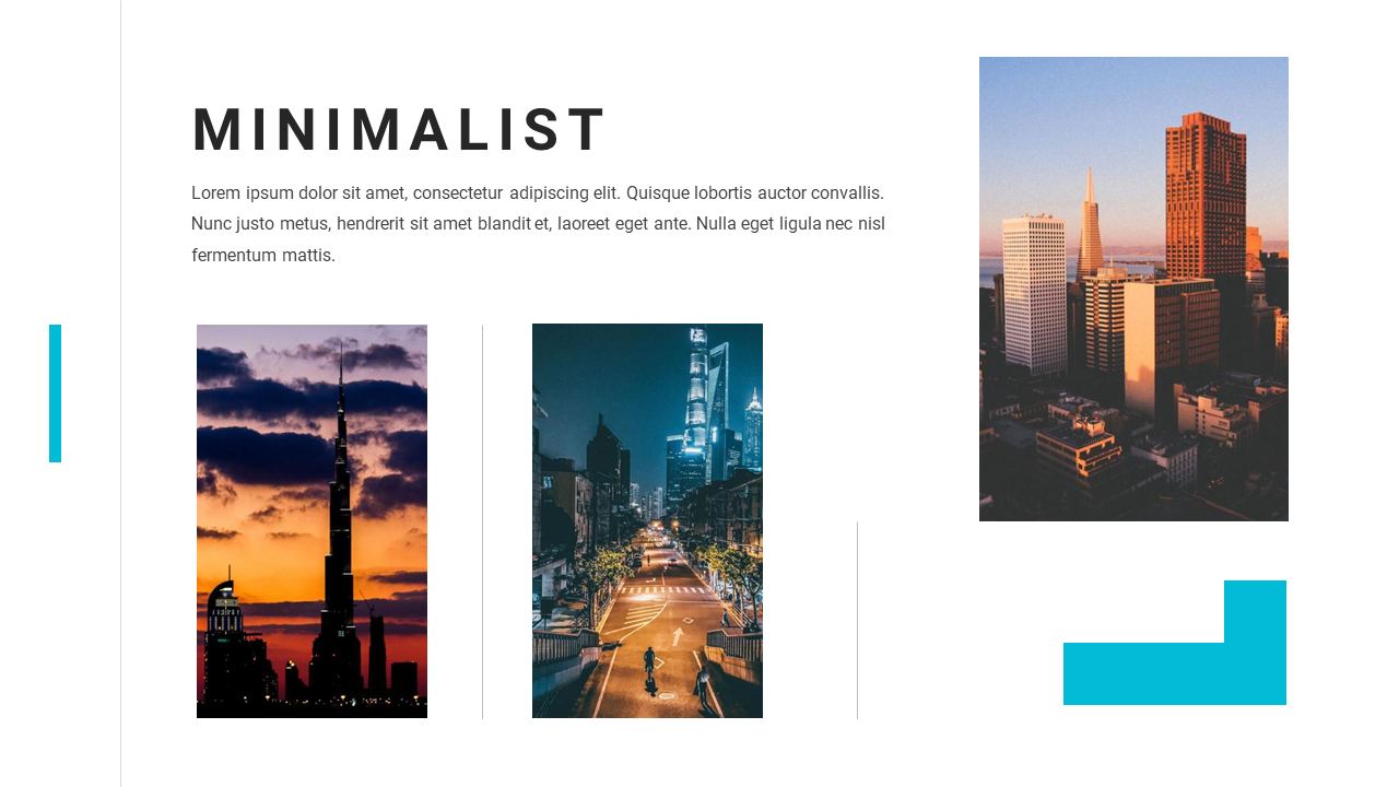 A minimalist slide with three cityscape photos a sunset view of a tall building, and a nighttime skyline on a white backdrop.