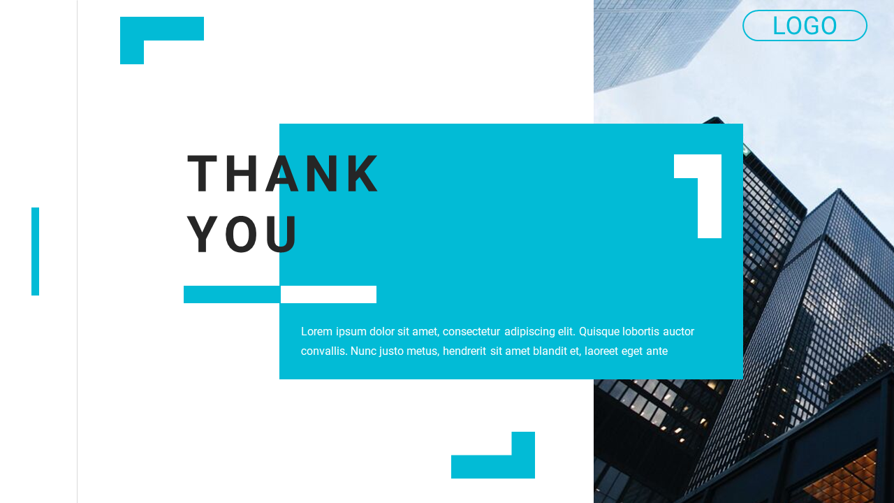 Minimalist thank you slide with modern typography and a blue accent on a building background on a white and blue theme.