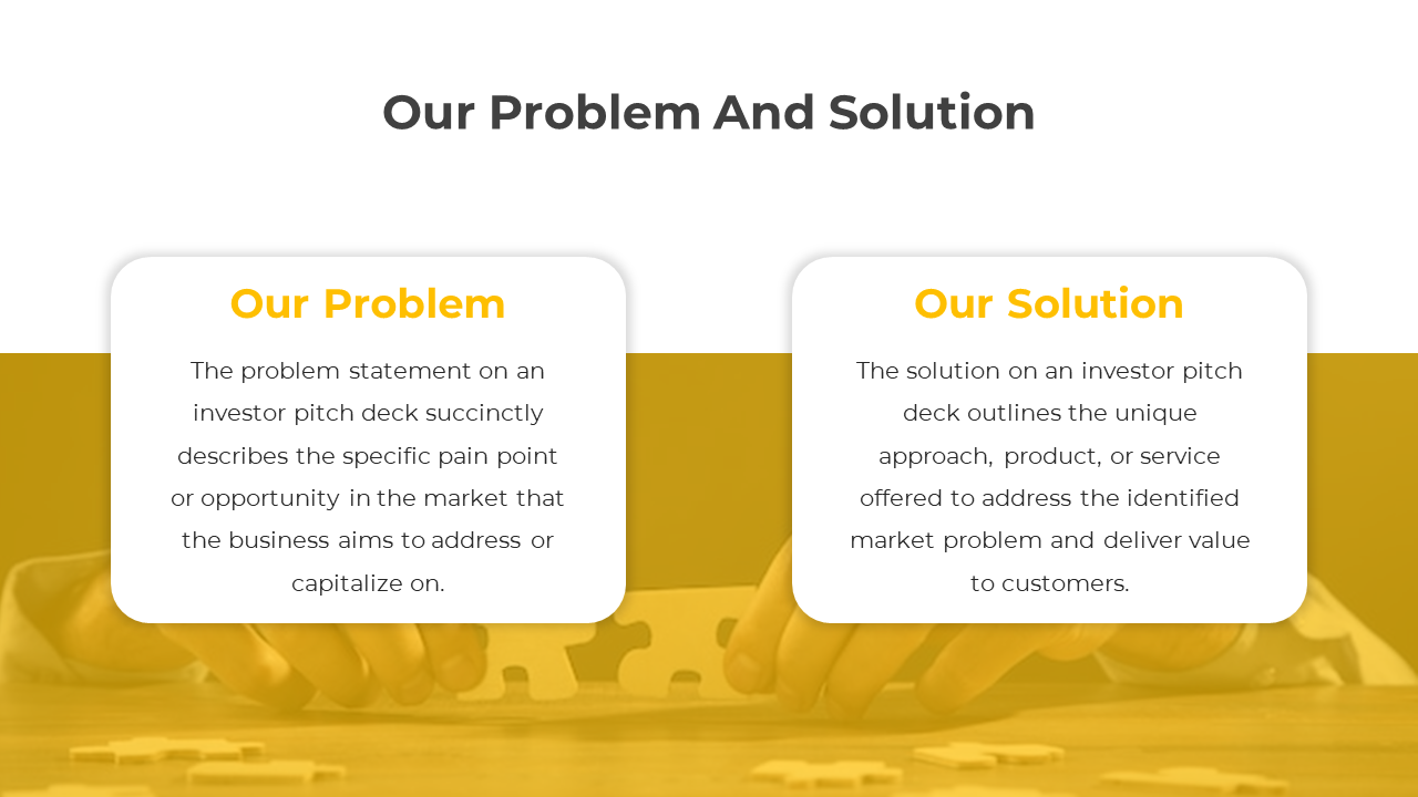 Investor pitch deck PPT slide showing the problem and solution sections on a yellow and white theme.