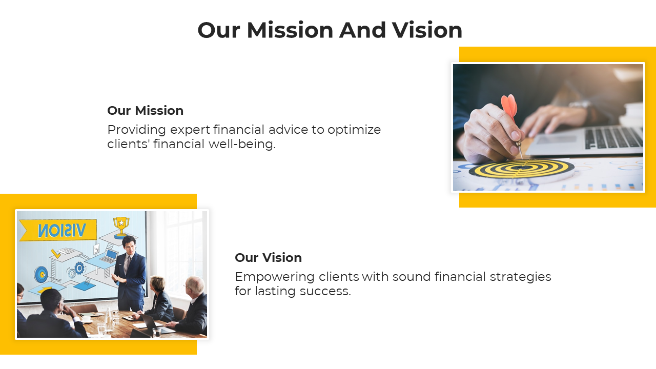 Presentation slide with text about the company's mission and vision, alongside images of a target and a business meeting.