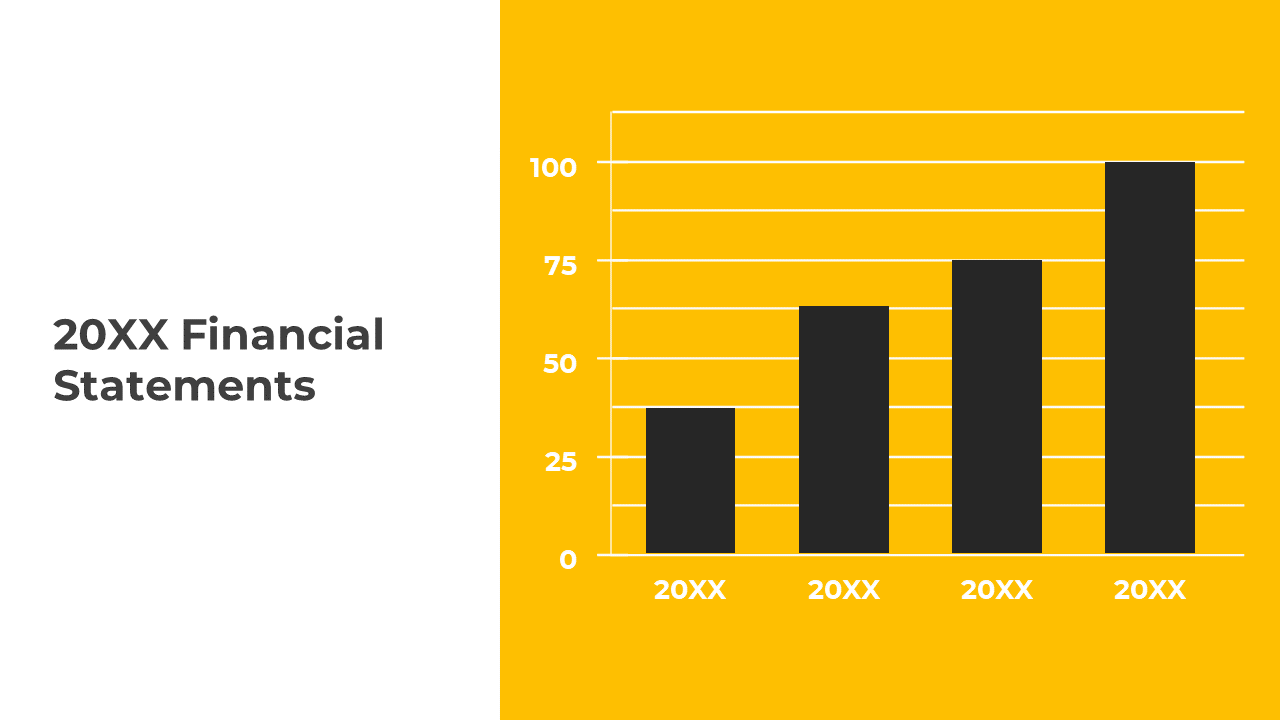 Black bar chart showing financial statements for 20XX with increasing values over four periods on a yellow backdrop.