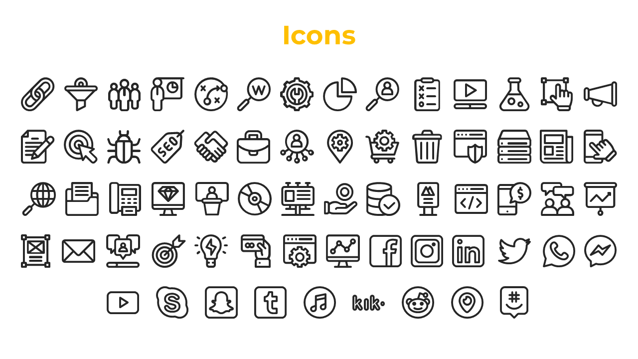 Set of black and white icons illustrating digital marketing, social media platforms, data analysis, and business management.