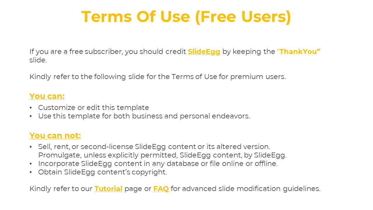 White slideEgg terms for free users, with guidelines on customization, usage, and restrictions on selling, and renting.