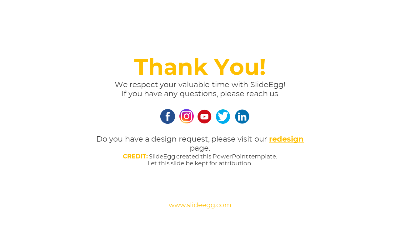 White slideEgg thank you slide with social media icons, asking users to visit their redesign page for design requests.