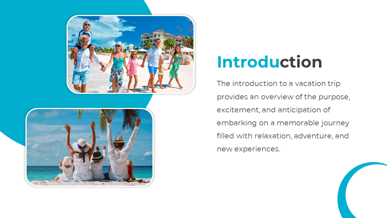 A family walking on a beach together and a group sitting in the sand, with a title and vacation trip description.