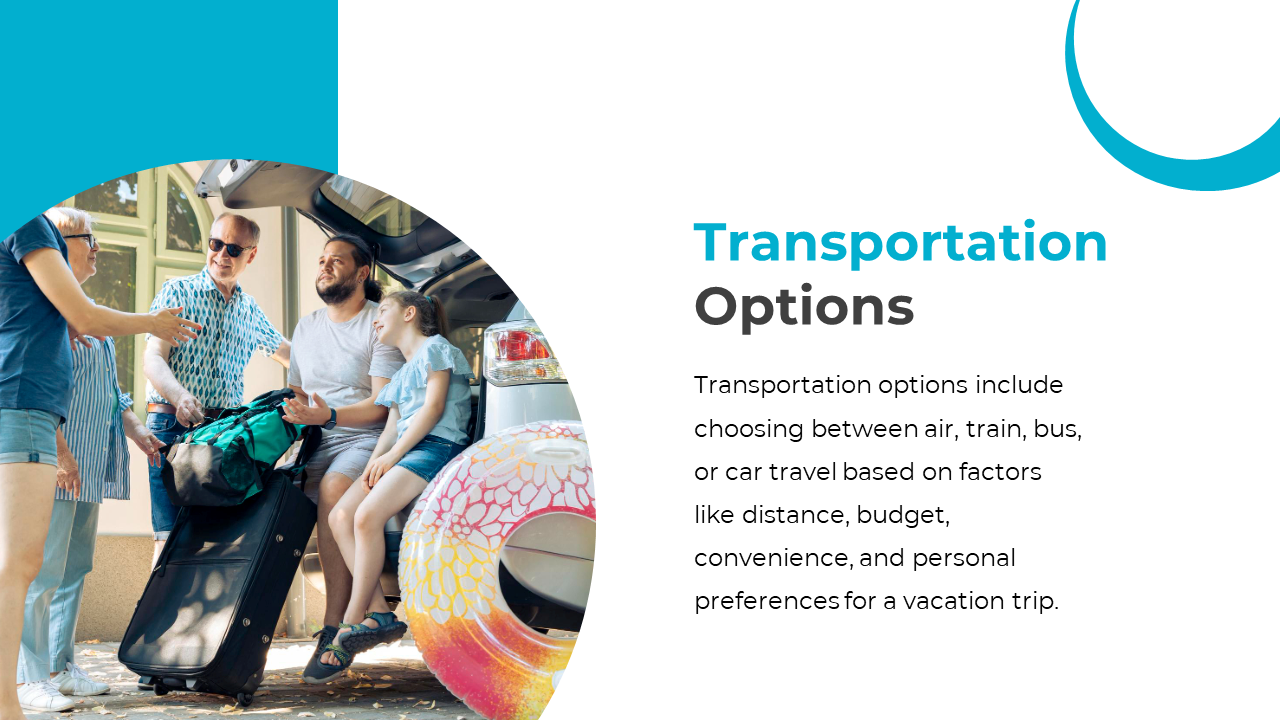 A family is loading luggage into a car, preparing for a vacation, as they consider different transportation options.