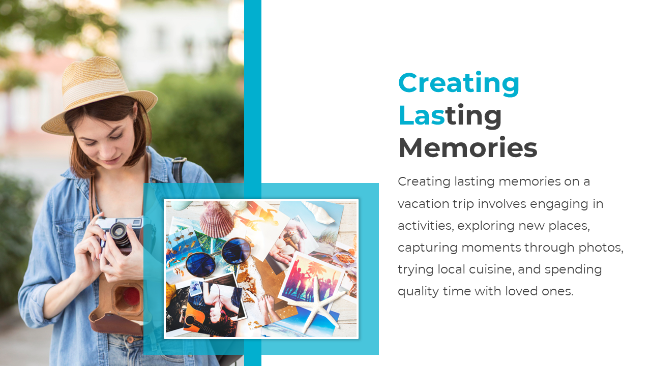 A traveler captures a photo with a camera, while nearby vacation memories such as photos and souvenirs are displayed.