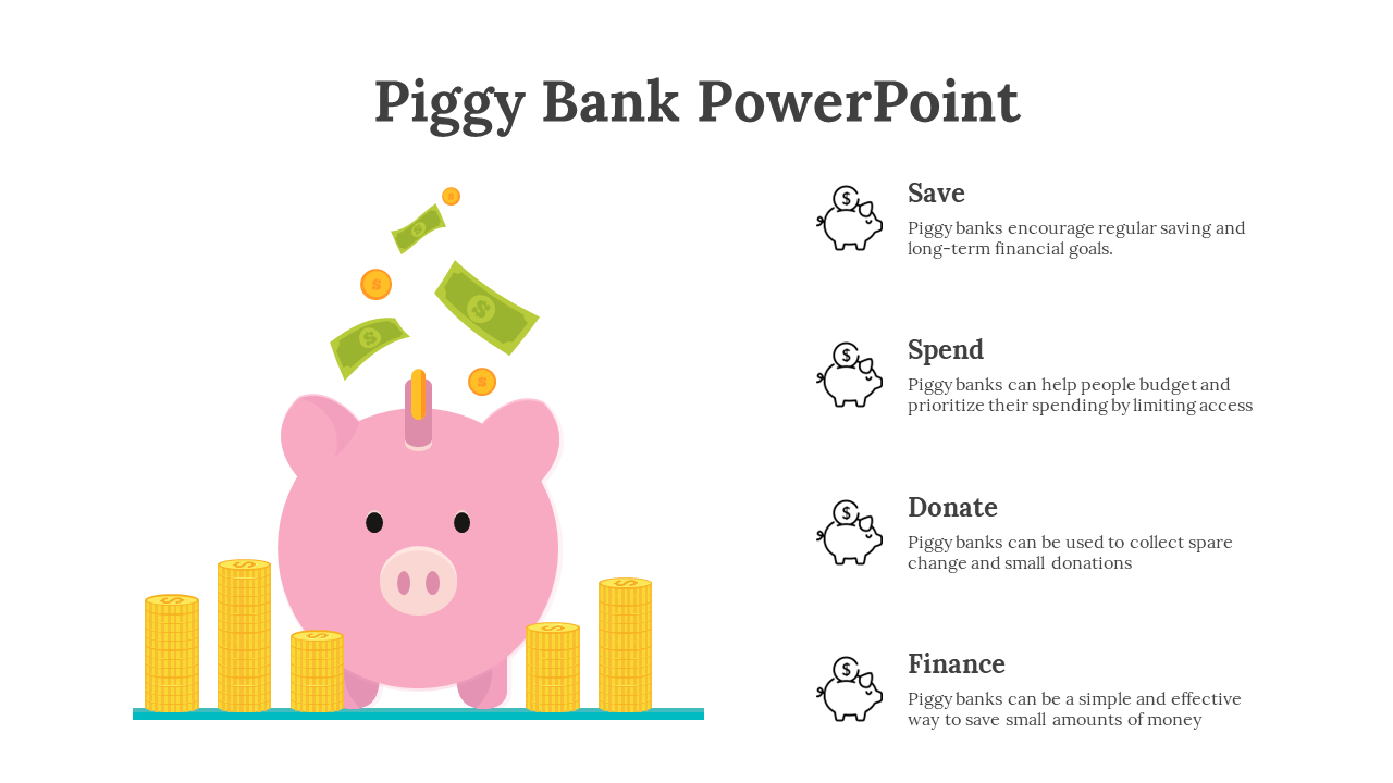 Illustration of a piggy bank with money bills being inserted, along with icons for save, spend, donate, and finance.