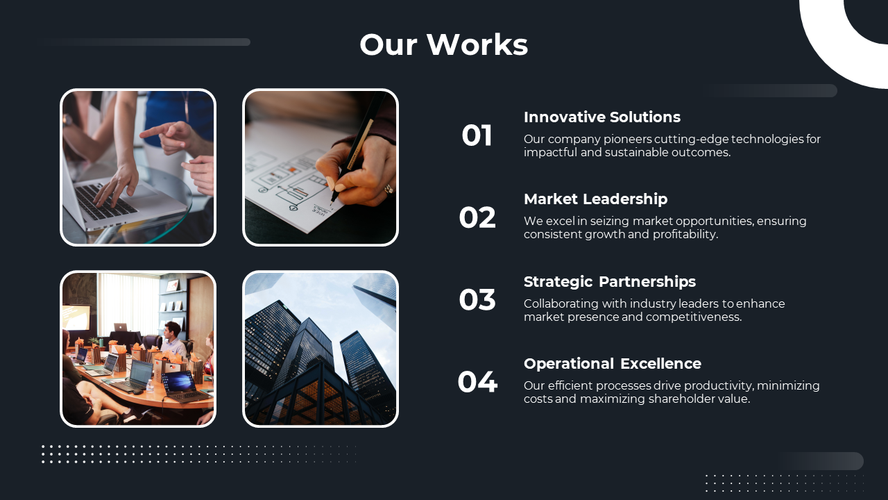 Slide featuring four key points about the company's work with relevant images and descriptions on a dark backdrop.