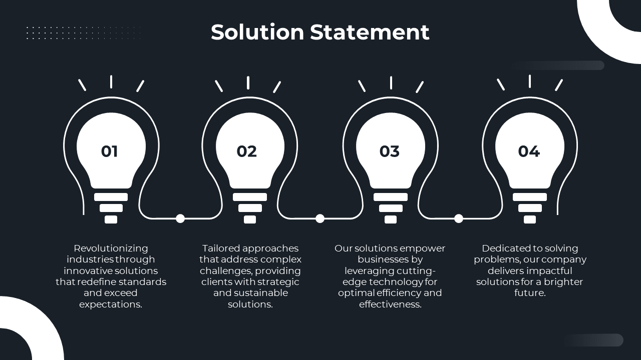 Solution statement PPT slide featuring four white lightbulbs with text descriptions on a black backdrop.