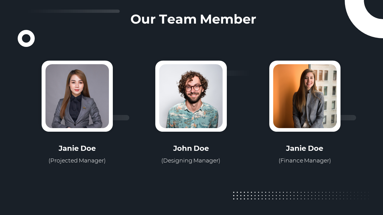 A team of three professionals with their names and roles on a dark backdrop.