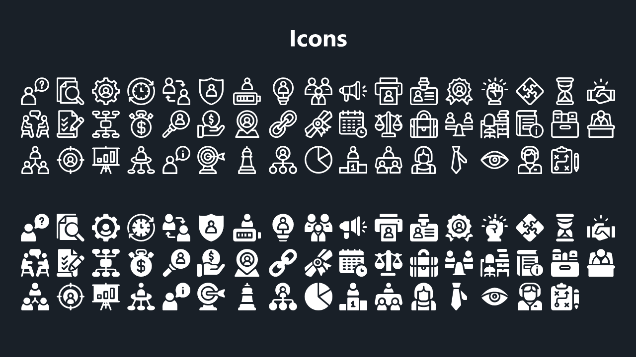 A collection of white icons representing various business concepts such as collaboration, analysis, finance, and leadership.