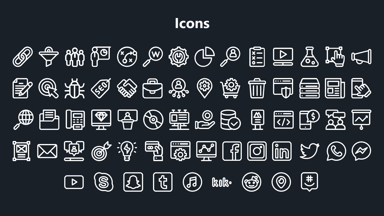 Collection of white icons representing various business, social media, and digital tools such as email, SEO, and analytics.