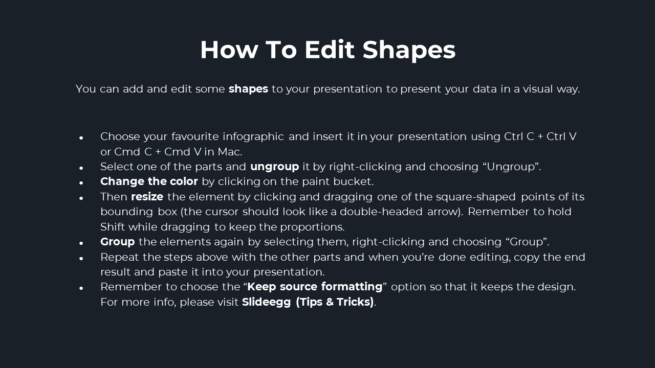 Instructions on editing shapes in PowerPoint, including ungrouping, changing colors, resizing, and grouping elements.