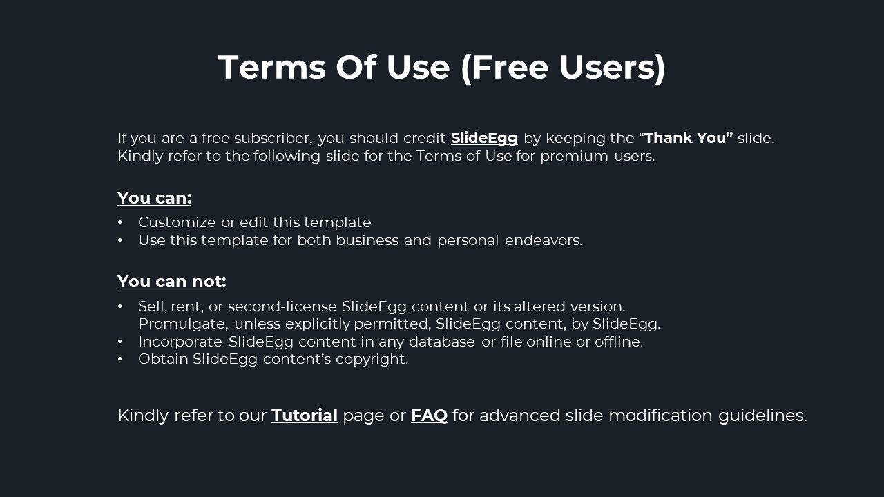Terms of use for free users, highlighting customization rights and restrictions on a dark backdrop.