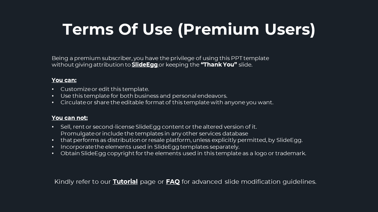 Premium user terms for SlideEgg, explaining the freedom to use templates without attribution on a dark backdrop.